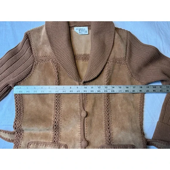 Vtg 1970's Belted Suede Knit Pieced Leather Crochet Cardigan Jacket Sz M *READ - Picture 7 of 11